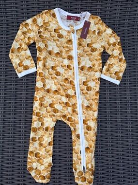 Milkbarn Honeycomb Print Footed One-Piece - Yellow Brown